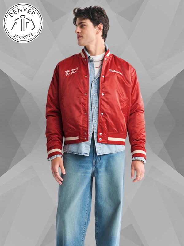 Abercrombie Budweiser Varsity Bomber Jacket In Red For Sale