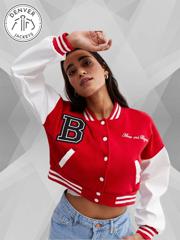 Above and Beyond Crop Varsity Jacket Red