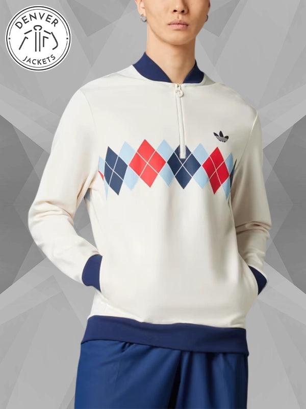 Adidas Argyle Printed half Zip Sweatshirt White