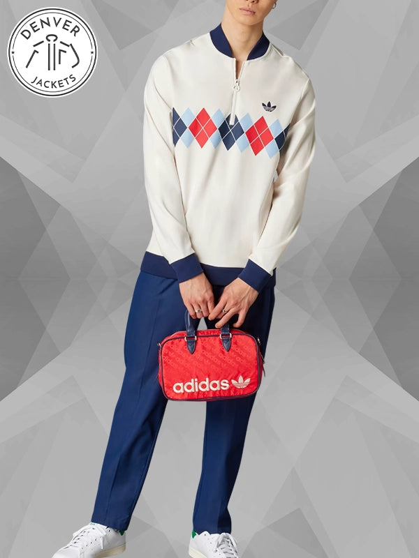 Adidas Originals Argyle Printed 14 Zip Crewneck Sweatshirt White
