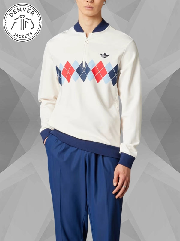 Argyle Printed 14 Zip White Sweatshirt Adidas