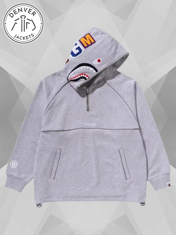 BAPE Shark Logo Half Zip Relaxed Fit Pullover Hoodie.