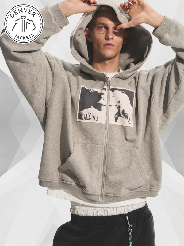 Bastard Punk Print Applique Zip-Up Hoodie