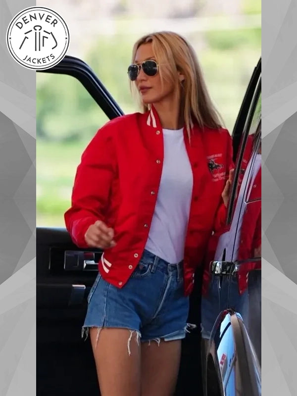 Bella Hadid Red Varsity Bomber Jacket