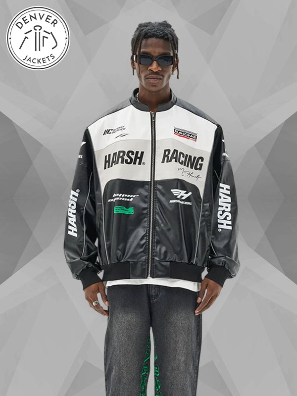 Black Leather Bomber Harsh And Cruel Racing Jacket