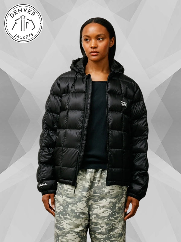 Black Stussy Midweight Puffer Jacket With Hood