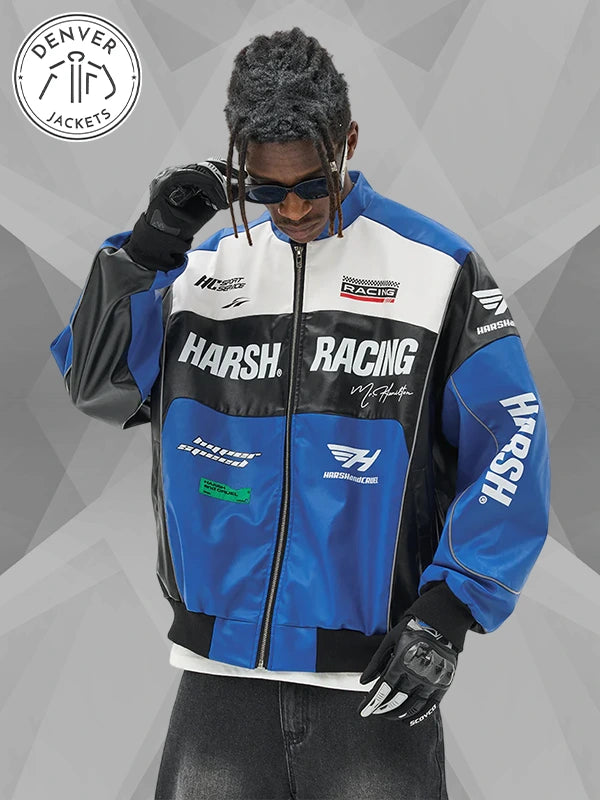 Blue Leather Harsh Racing Jacket Blue