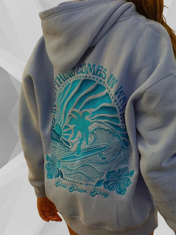 Everything Comes In Waves Pink Palm Puff Blue Hoodie