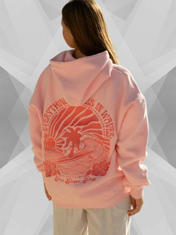 Everything Comes In Waves Pink Palm Puff Hoodie In Pink