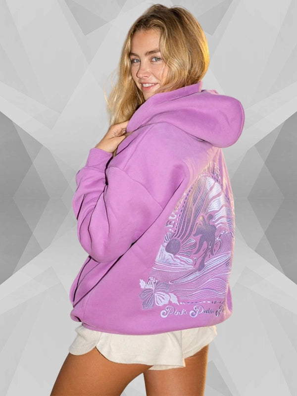 Everything Comes In Waves Pink Palm Puff Hoodie Purple