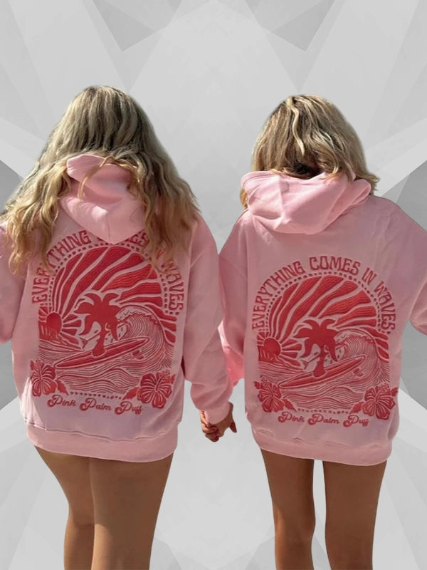 Everything Comes In Waves Pink Palm Puff Pink Hoodie