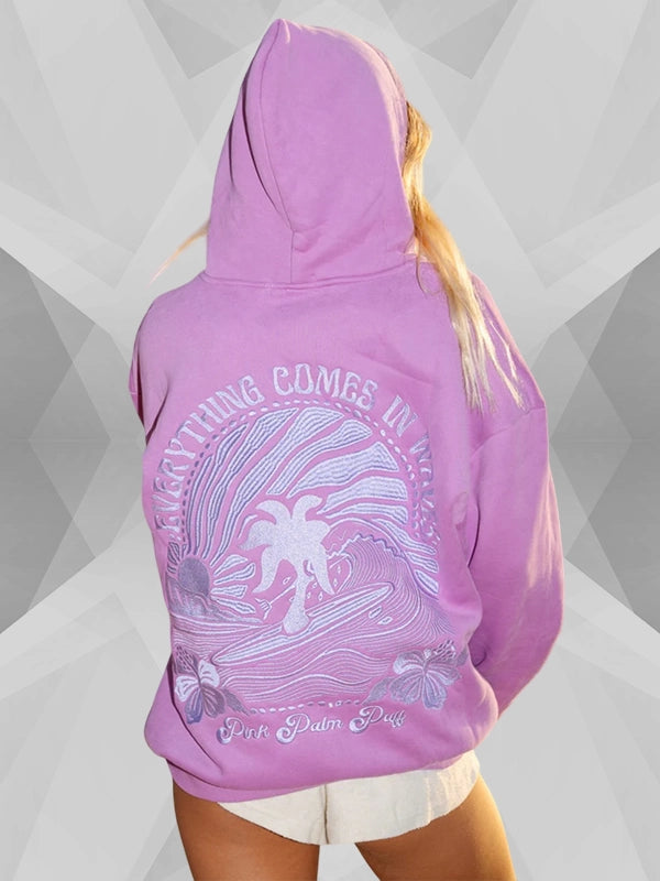 Everything Comes In Waves Purple Hoodie Pink Palm Puff