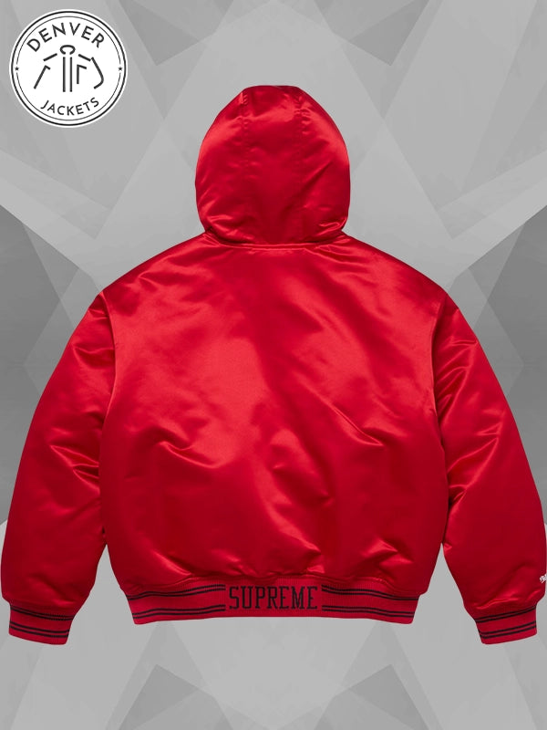 FW25 Supreme x Mitchell Ness Lined Hooded Satin Varsity Jacket Red