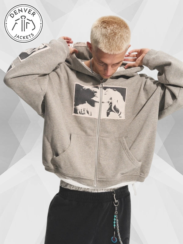 Grey Punk Print Applique Hoodie Bastard