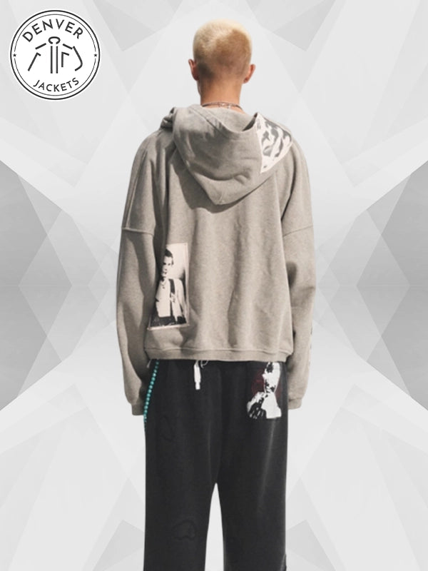 Grey Zip-Up Punk Print Applique For Bastards Hoodie