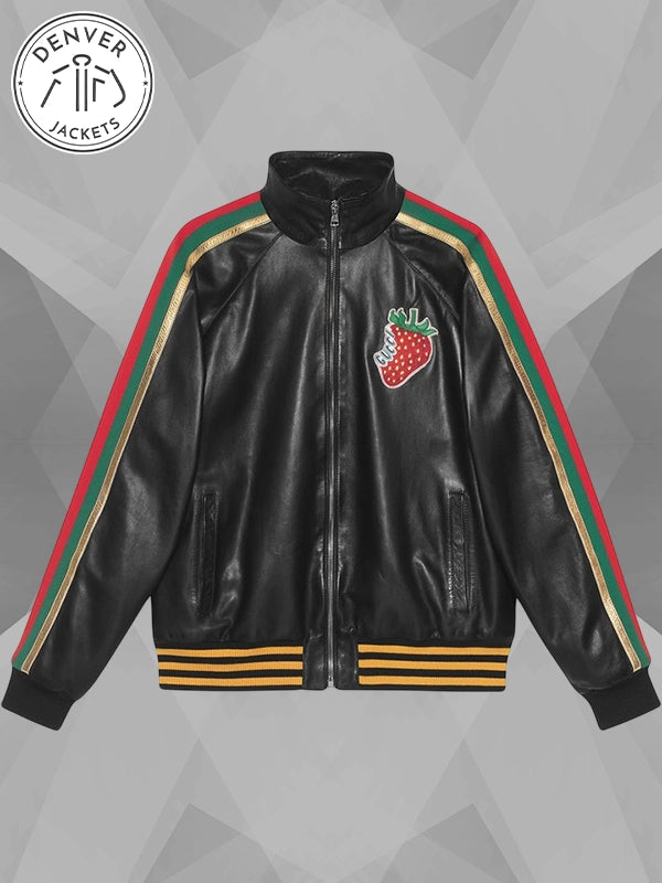 Gucci Black Leather Strawberry Patch Track Jacket