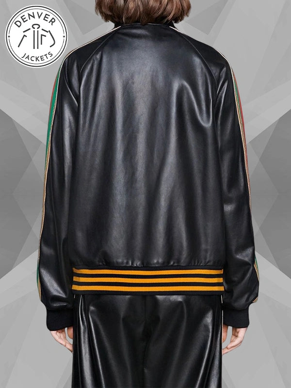 Gucci Black Leather Track Jacket With Strawberry Patch
