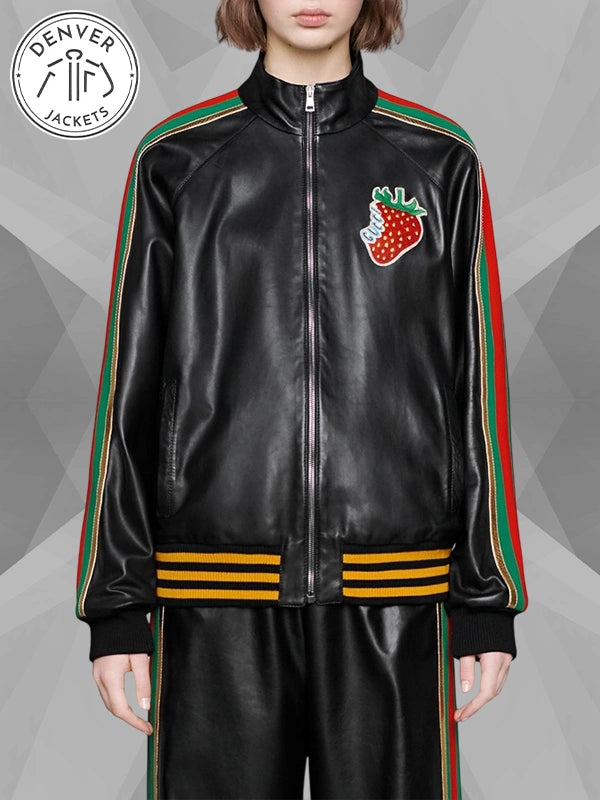 Gucci Strawberry Patch Black Leather Track Jacket