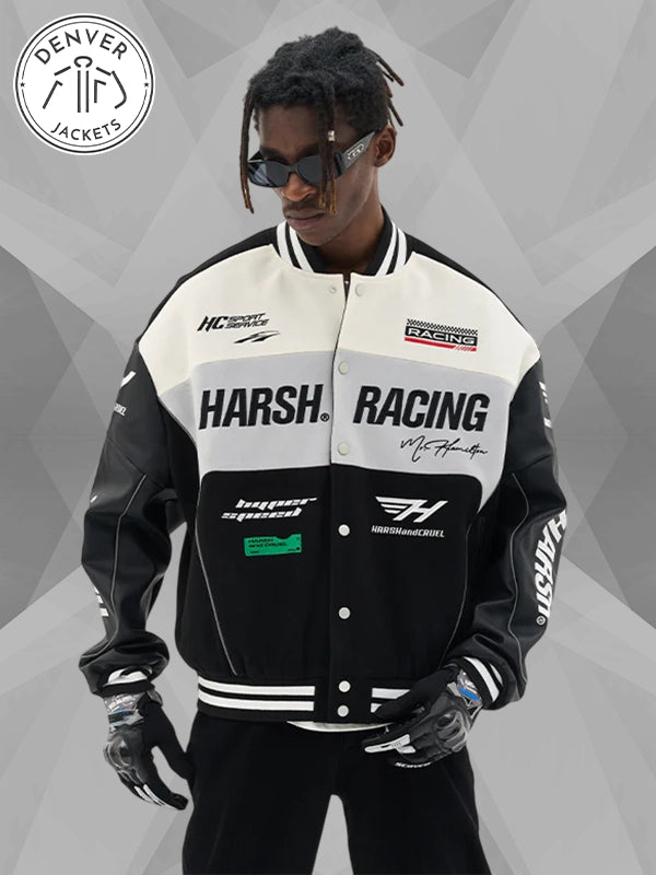 Harsh And Cruel Embroidered Racing Varsity Jacket Black