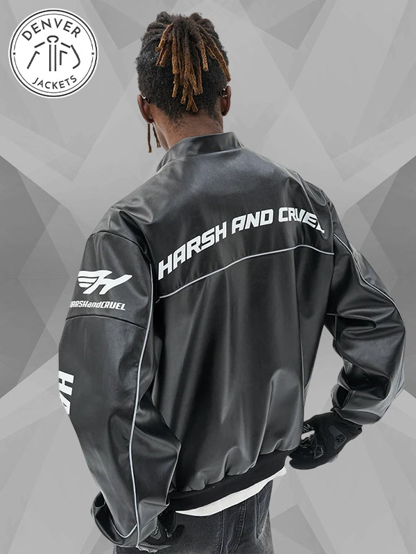 Harsh And Cruel Racing Leather Bomber Jacket Black