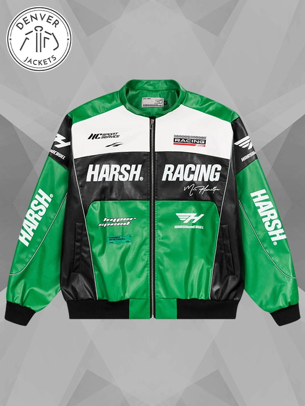Harsh And Cruel Racing Leather Jacket Green