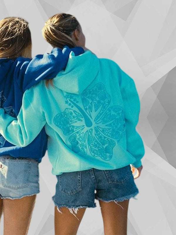 Hawaii Hibiscus Light Blue Hoodie Pink Palm Puff