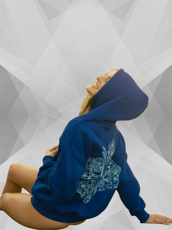 Hawaii Hibiscus Pink Palm Puff Blue Hoodie