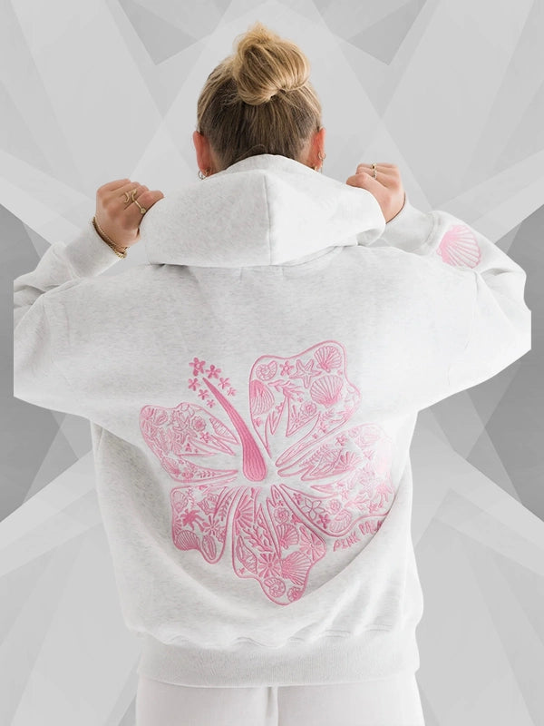 Hawaii Hibiscus Pink Palm Puff Grey Hoodie