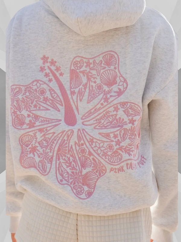 Heather Grey Hawaii Hibiscus Hoodie Pink Palm Puff