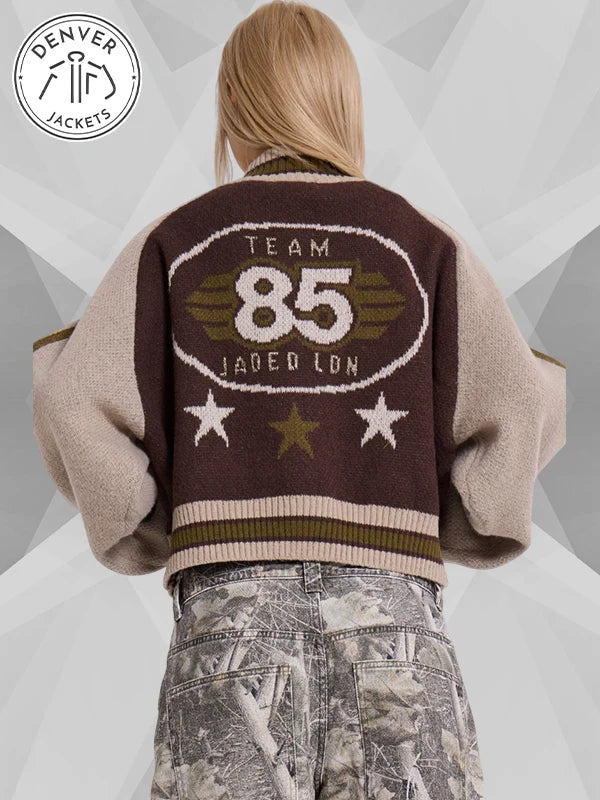 Jaded London Team 85 Knitted Bomber Jacket Brown