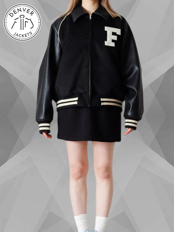 LE SSERAFIM x ZOZOTOWN Black Blouson Varsity Jacket