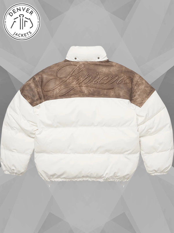 Leather Yoke White Supreme Puffer Jacket Womens