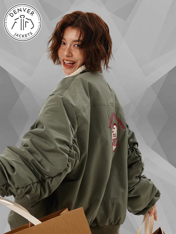 MW9716 Fun Castle Heart Green Bomber Jacket Womens