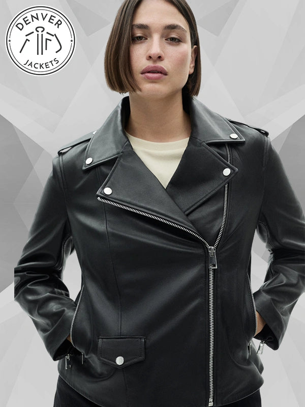 Mango Leather Biker Jacket Black