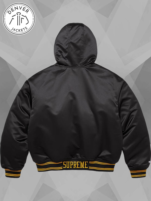 Mitchell Ness x Supreme Lined Hooded Satin Varsity Jacket Black