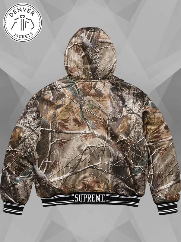 Mitchell Ness x Supreme Lined Hooded Satin Varsity Jacket Camo