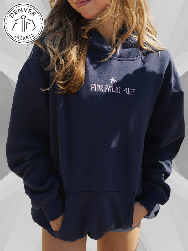 Navy Classic Puff Hoodie Pink Palm Puff