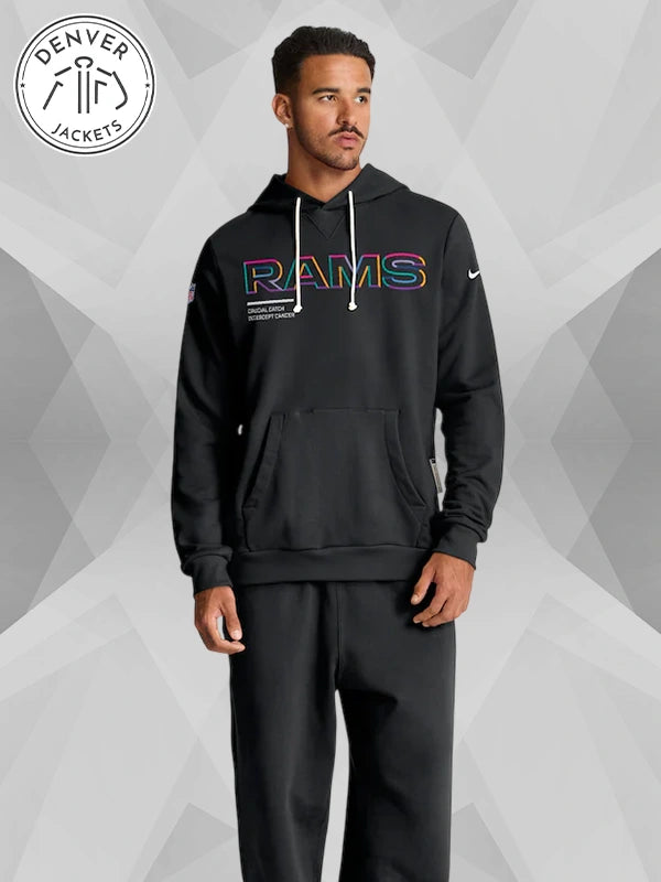 Nike Black Dri Fit Crucial Catch 2025 LA Rams Cancer Sweatshirt