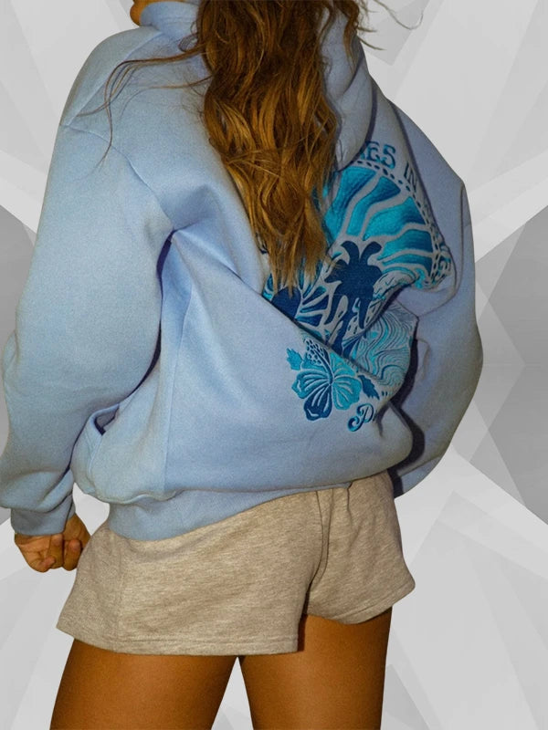 Pink Palm Puff Everything Comes In Waves Hoodie Blue