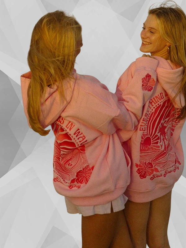 Pink Palm Puff Everything Comes In Waves Hoodie In Pink