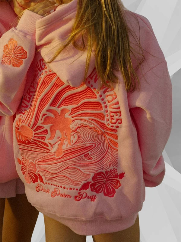 Pink Palm Puff Everything Comes In Waves Pink Hoodie