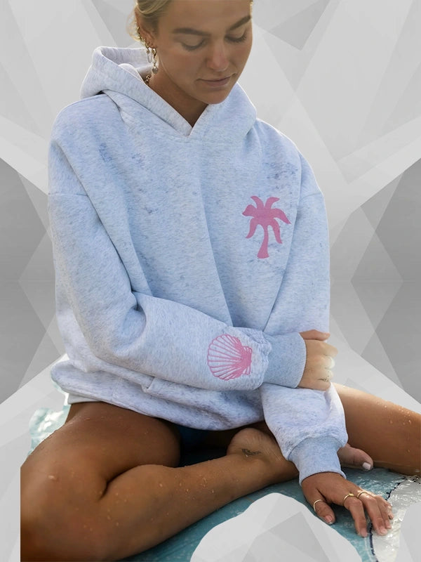 Pink Palm Puff Grey Hoodie Hawaii Hibiscus