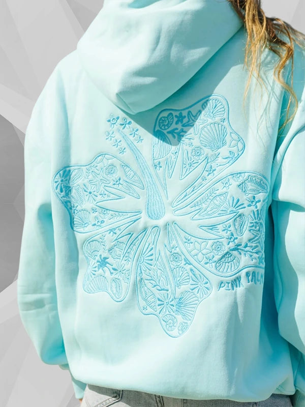 Pink Palm Puff Hawaii Hibiscus Hoodie In Aquamarine