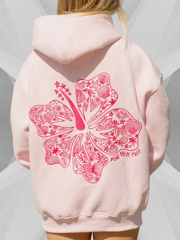 Pink Palm Puff Hawaii Hibiscus Hoodie In Blush Pink