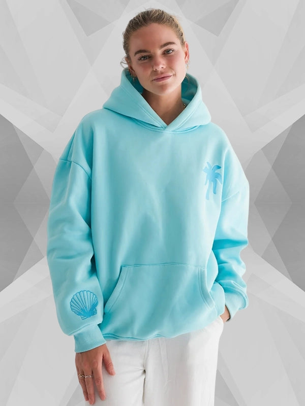 Pink Palm Puff Hawaii Hibiscus Hoodie In Light Blue