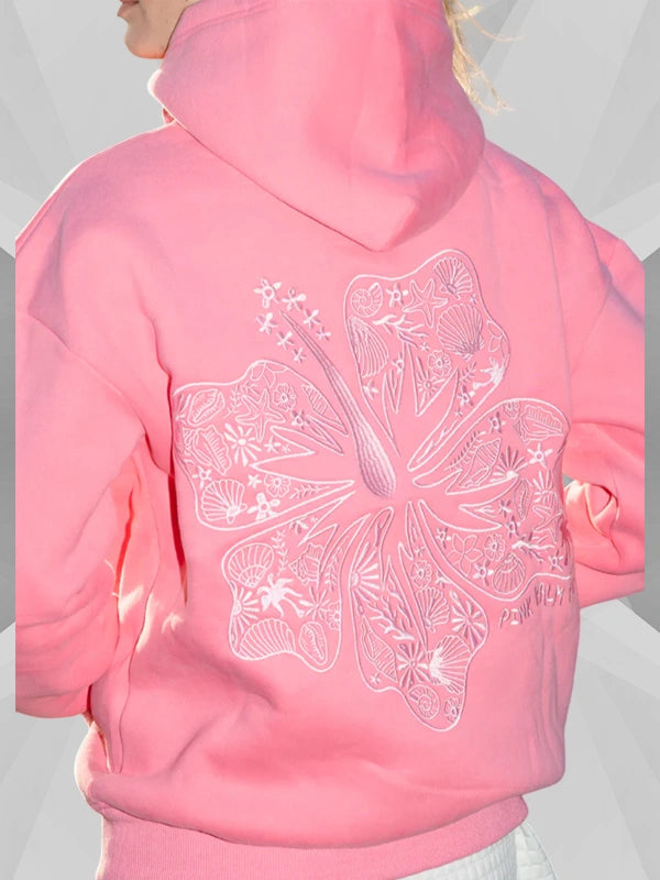 Pink Palm Puff Hawaii Hibiscus Hoodie Pink