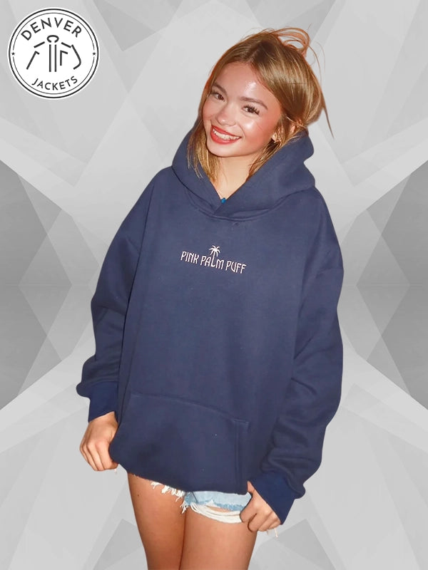 Pink Palm Puff Classic Hoodie Navy