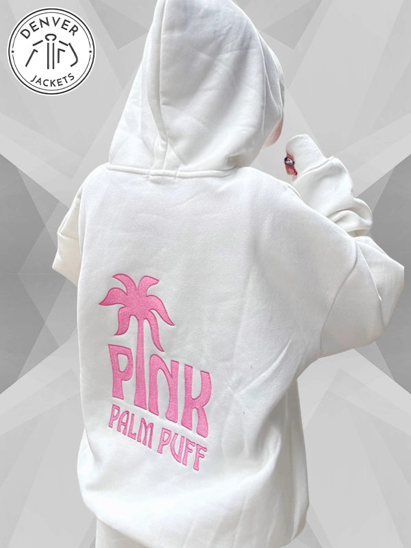 Pink Palm Puff Classic Hoodie White