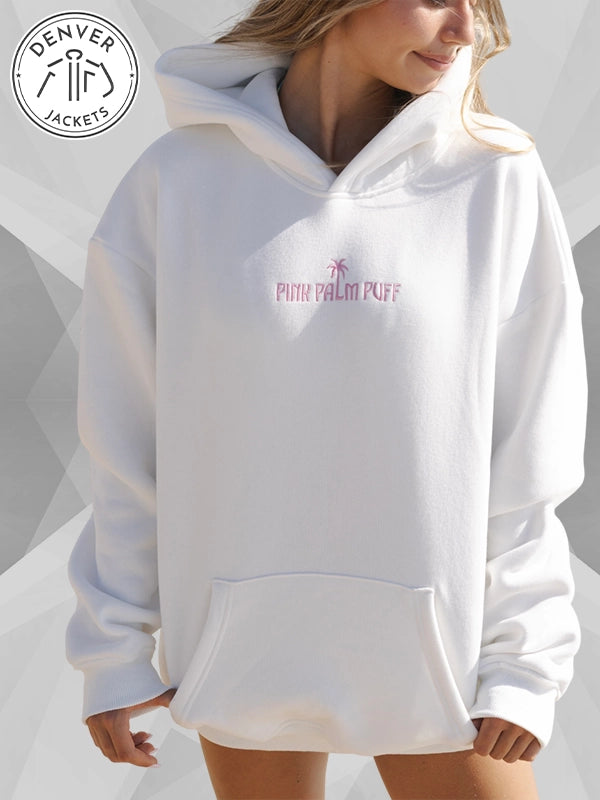 Pink Palm Puff Classic Puff Hoodie White