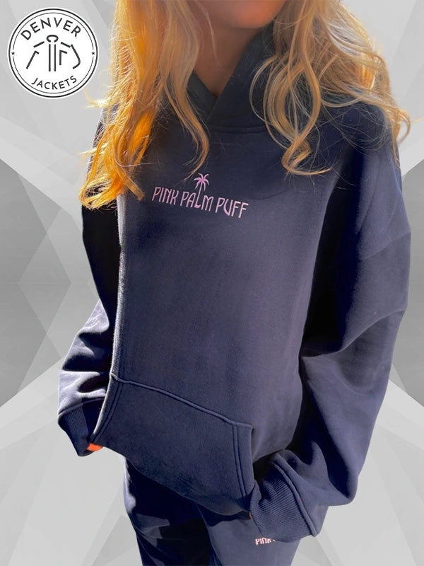 Pink Palm Puff Classic Puff Hoodie in Navy